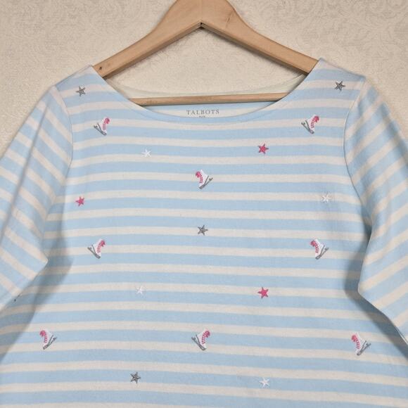 Talbots Authentic Embroidered T Shirt sz X Blue Ivory Striped Ice Skates Stars - Picture 2 of 12